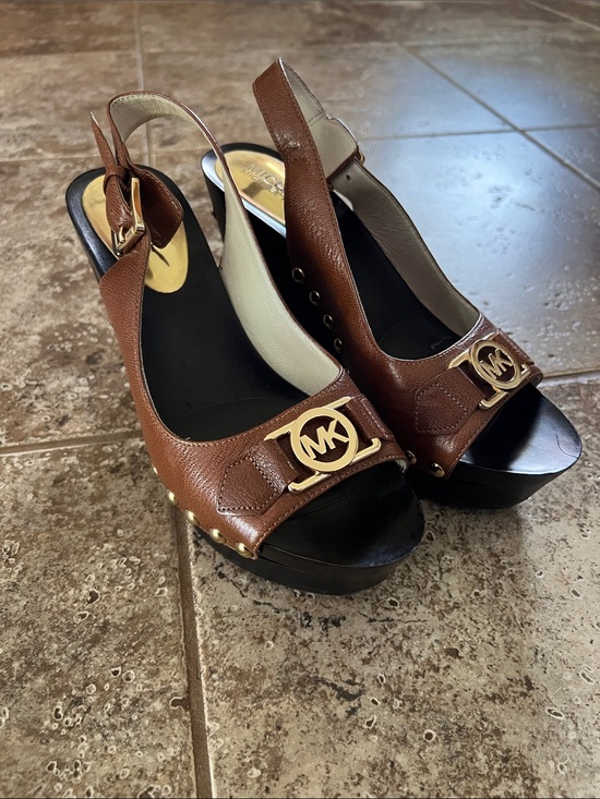 Michael Kors Shoes - Michael Kors Brown and Cream Leather Platform Wedge Sandals with Gold MK Accent